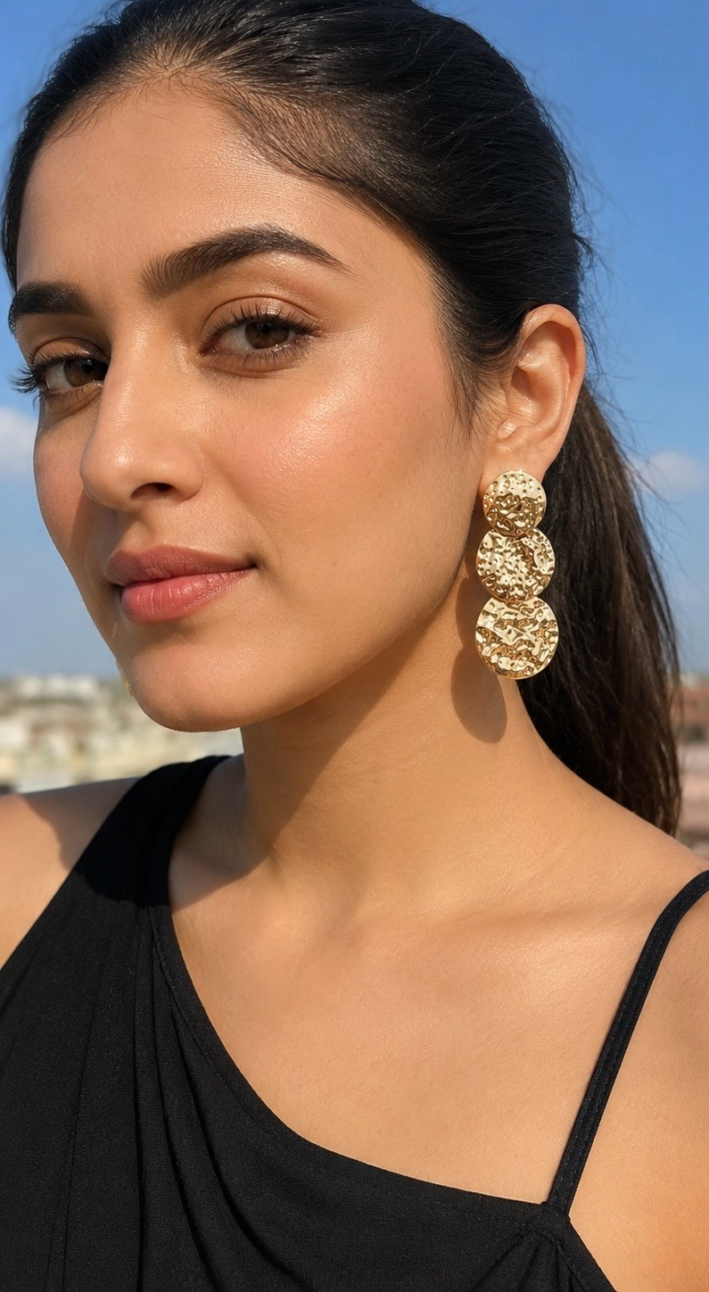 Celeste Hammered Triple Disc Statement Earrings – Gold Finish