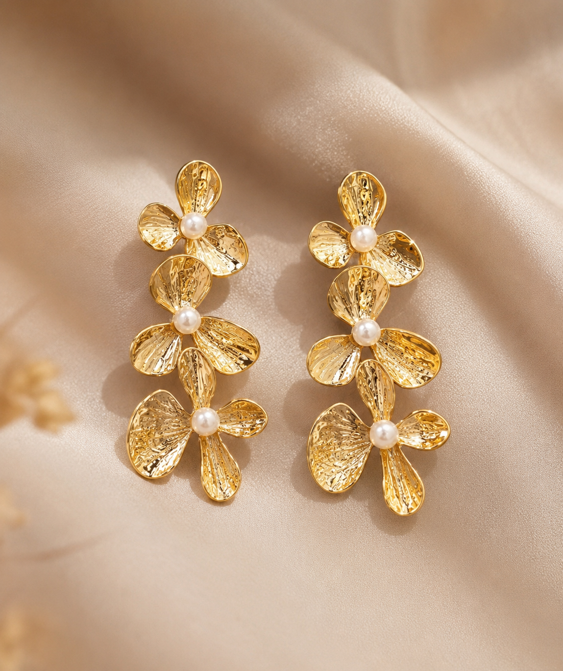 Golden Bloom Pearl Floral Drop Earrings | Elegant Statement Earrings