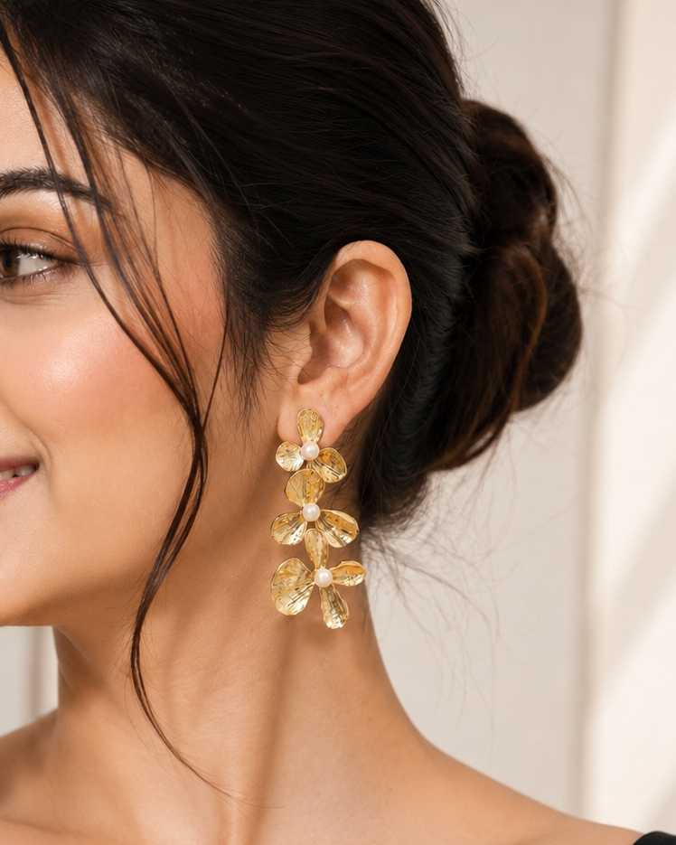 Golden Bloom Pearl Floral Drop Earrings | Elegant Statement Earrings