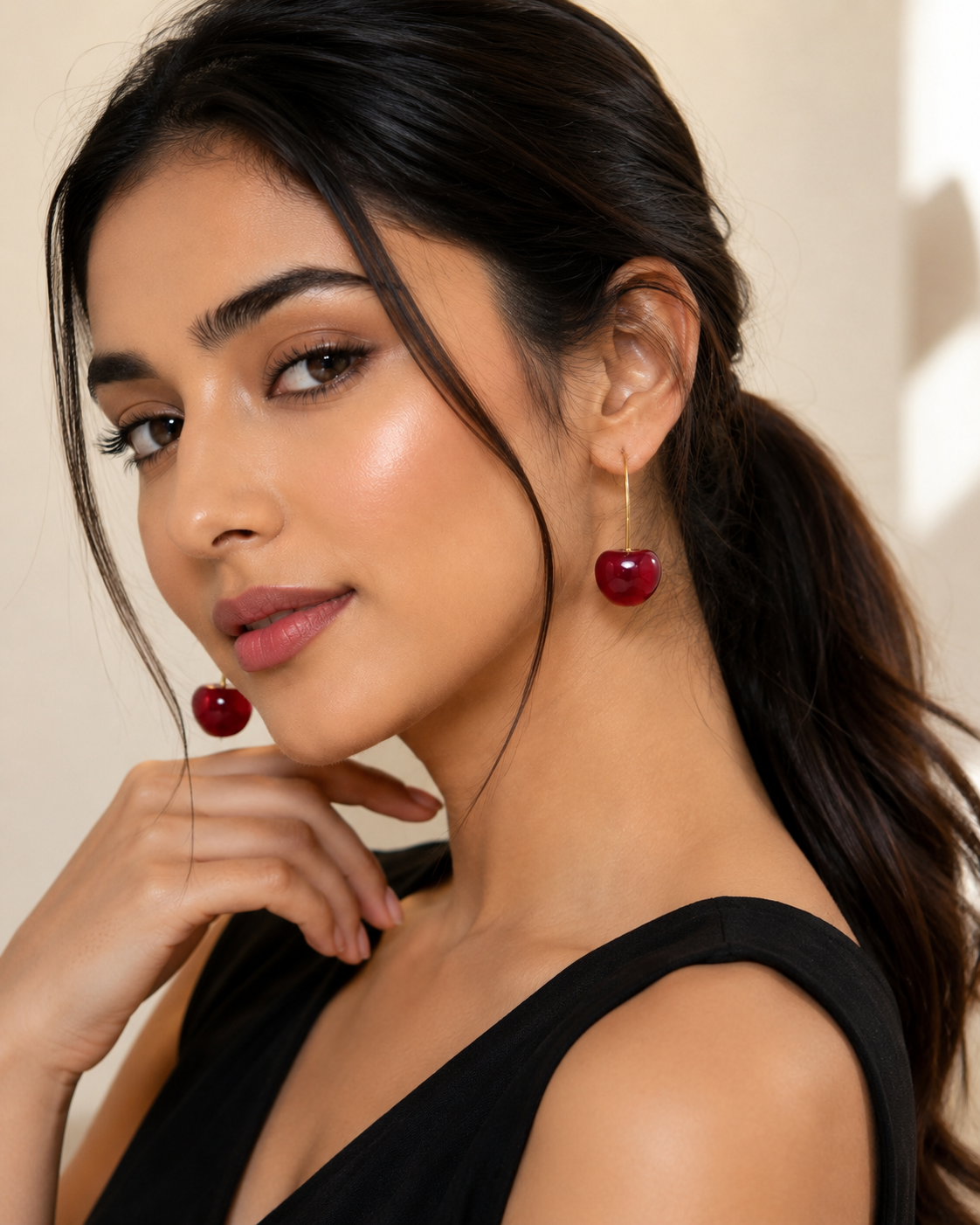Cherry Drop Earrings – Glossy Red Gold-Tone Statement Earrings