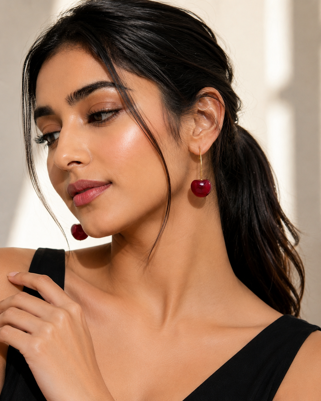 Cherry Drop Earrings – Glossy Red Gold-Tone Statement Earrings
