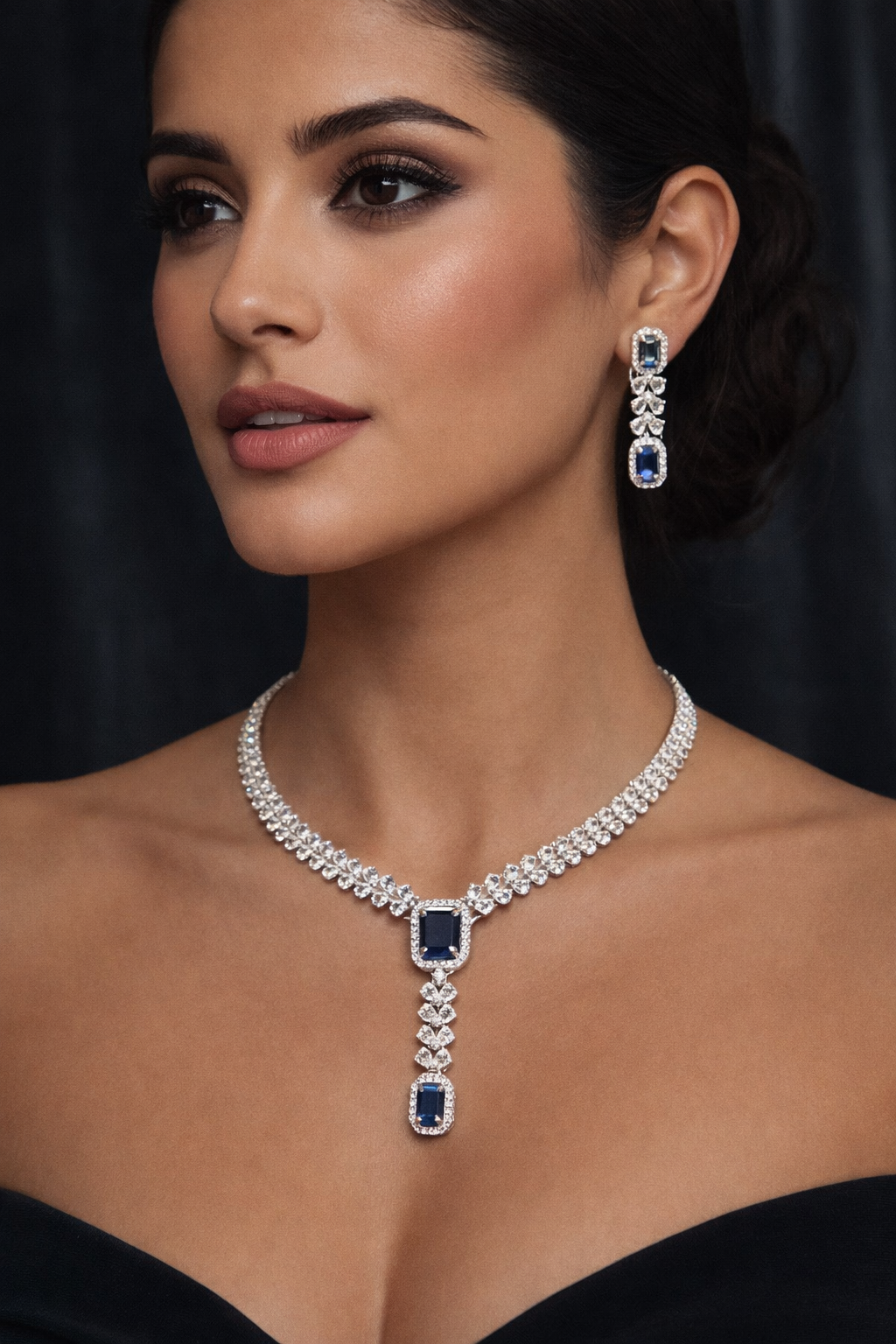 Dark Blue Gem Necklace And Earring Set