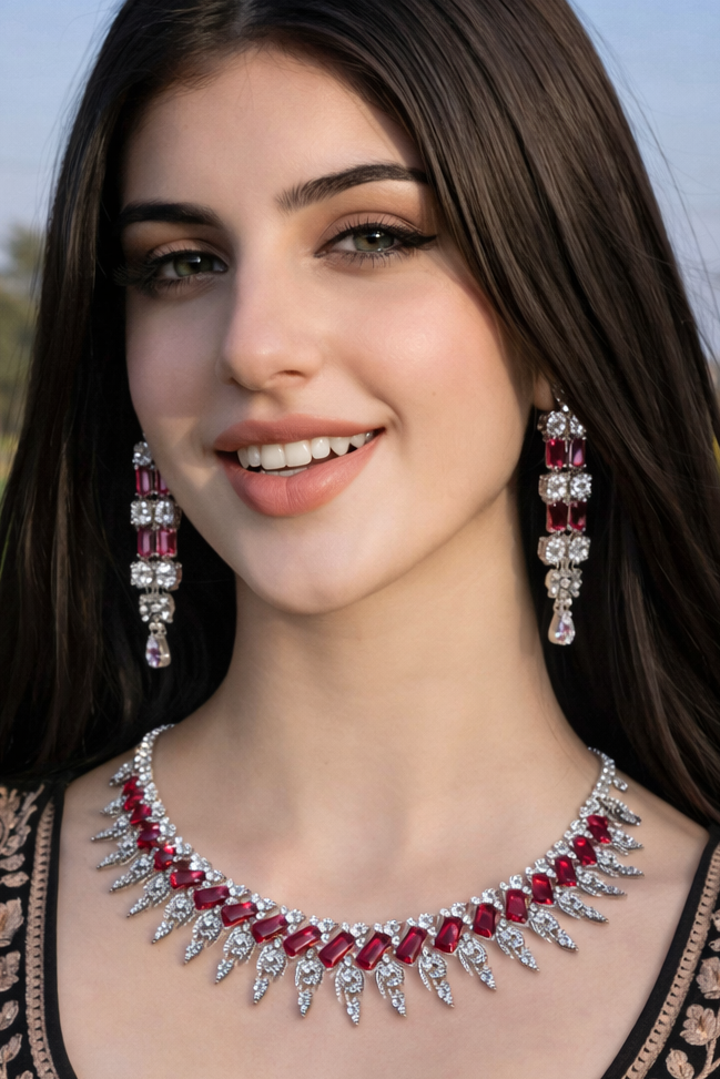 Ruby Radiance Diamond Fringe Necklace & Statement Drop Earrings Set
