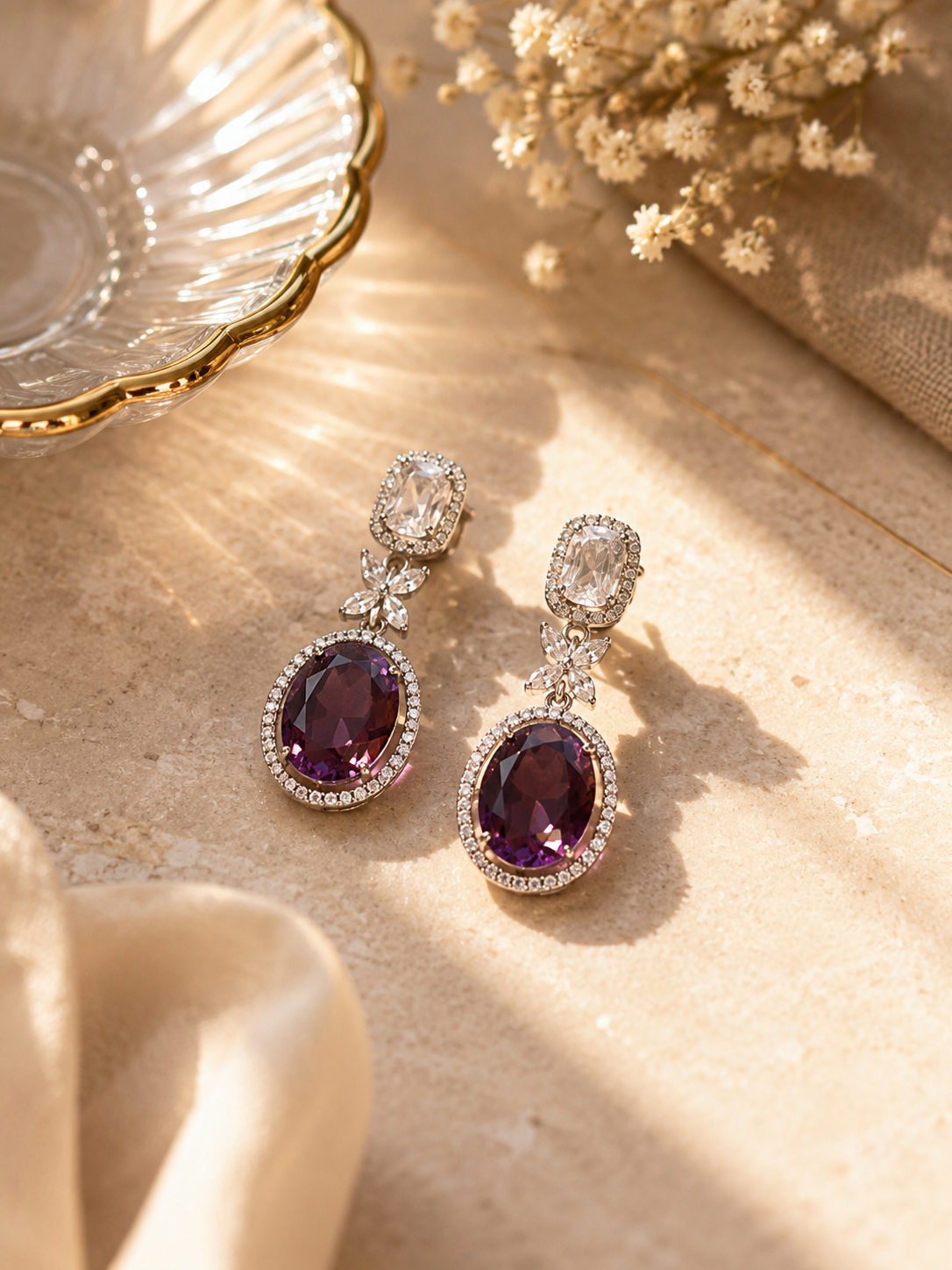 Royal Amethyst Halo Drop Earrings | Luxury Crystal Statement Earrings