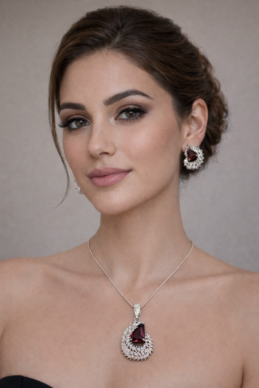 Royal Garnet Teardrop Halo Pendant & Stud Earrings Jewelry Set