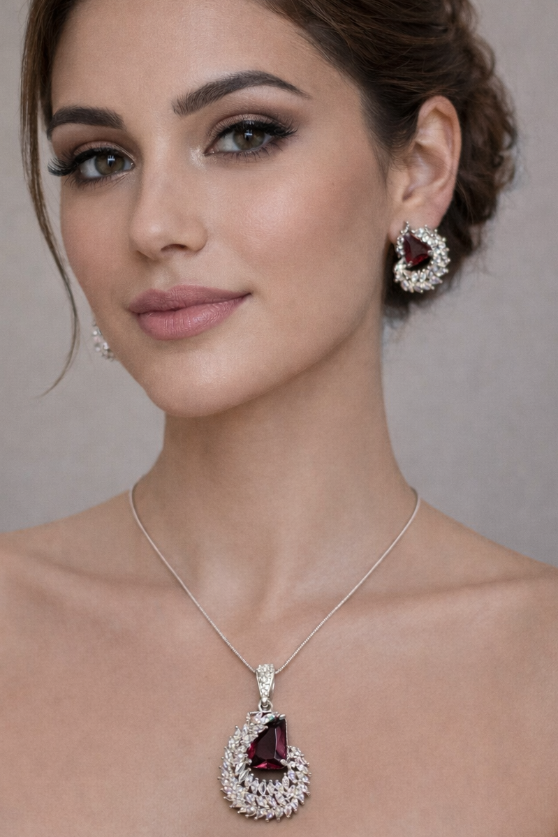 Royal Garnet Teardrop Halo Pendant & Stud Earrings Jewelry Set
