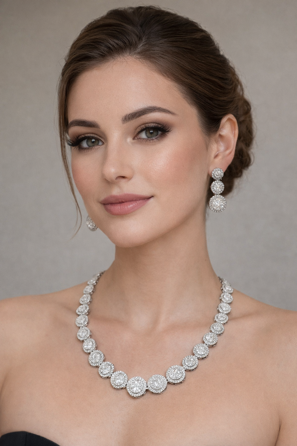 Classic Halo Diamond Disc Necklace & Drop Earrings Set