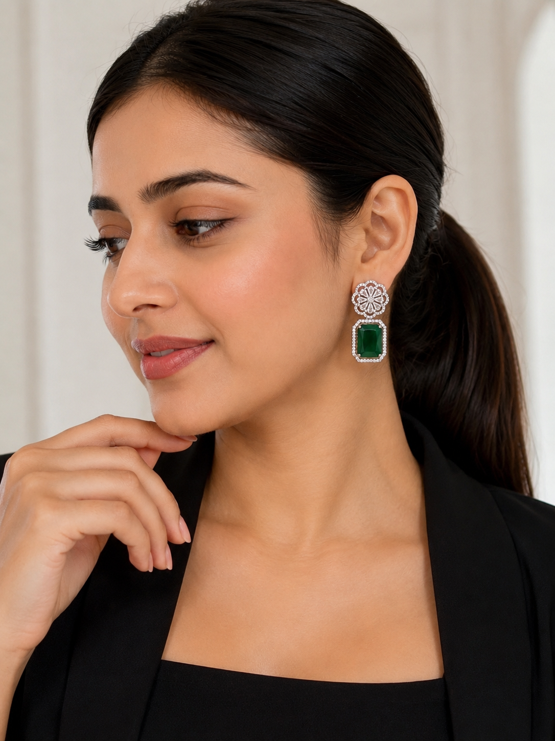 Emerald Bloom Statement Earrings – Luxury Crystal Drop Earrings