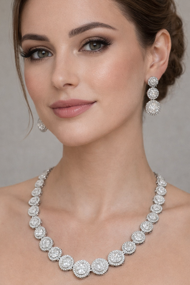 Classic Halo Diamond Disc Necklace & Drop Earrings Set
