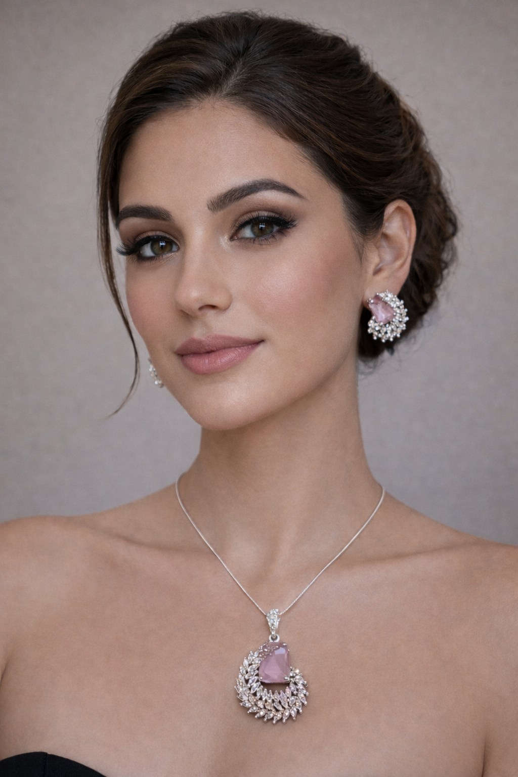 Blush Elegance Rose Quartz Halo Pendant & Stud Earrings Set