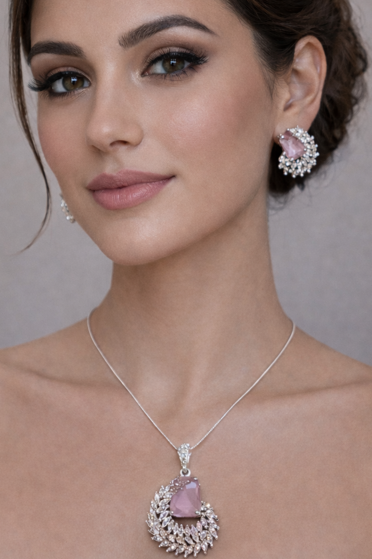 Blush Elegance Rose Quartz Halo Pendant & Stud Earrings Set