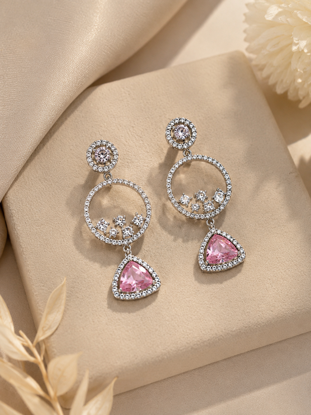 Pink Halo Crystal Circle Drop Earrings – Elegant Statement Earrings