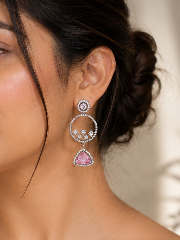 Pink Halo Crystal Circle Drop Earrings – Elegant Statement Earrings