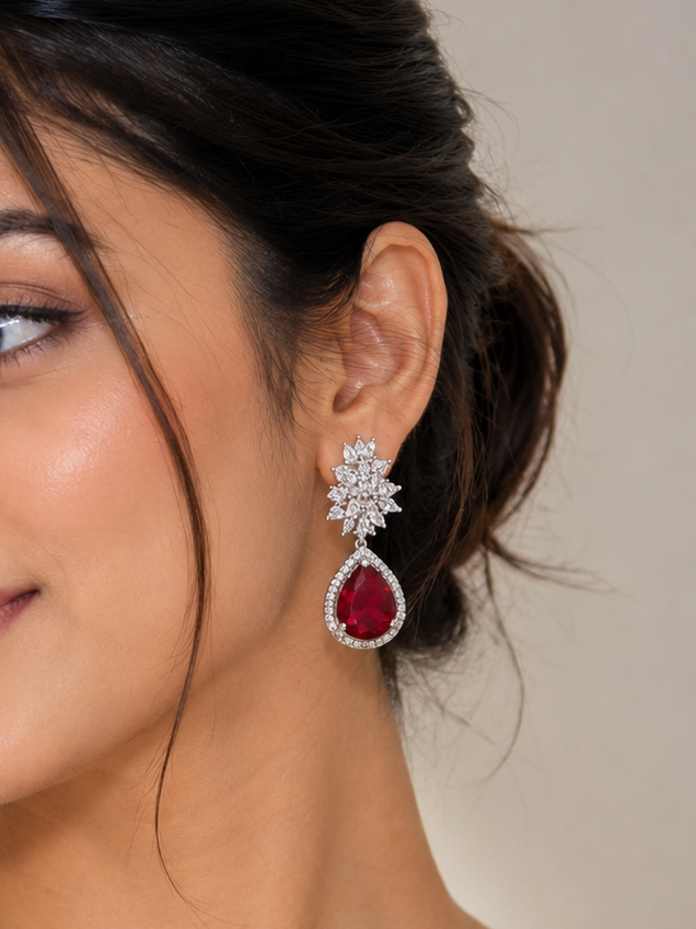 Ruby Radiance Teardrop Earrings – Premium Silver-Plated CZ Statement Earrings