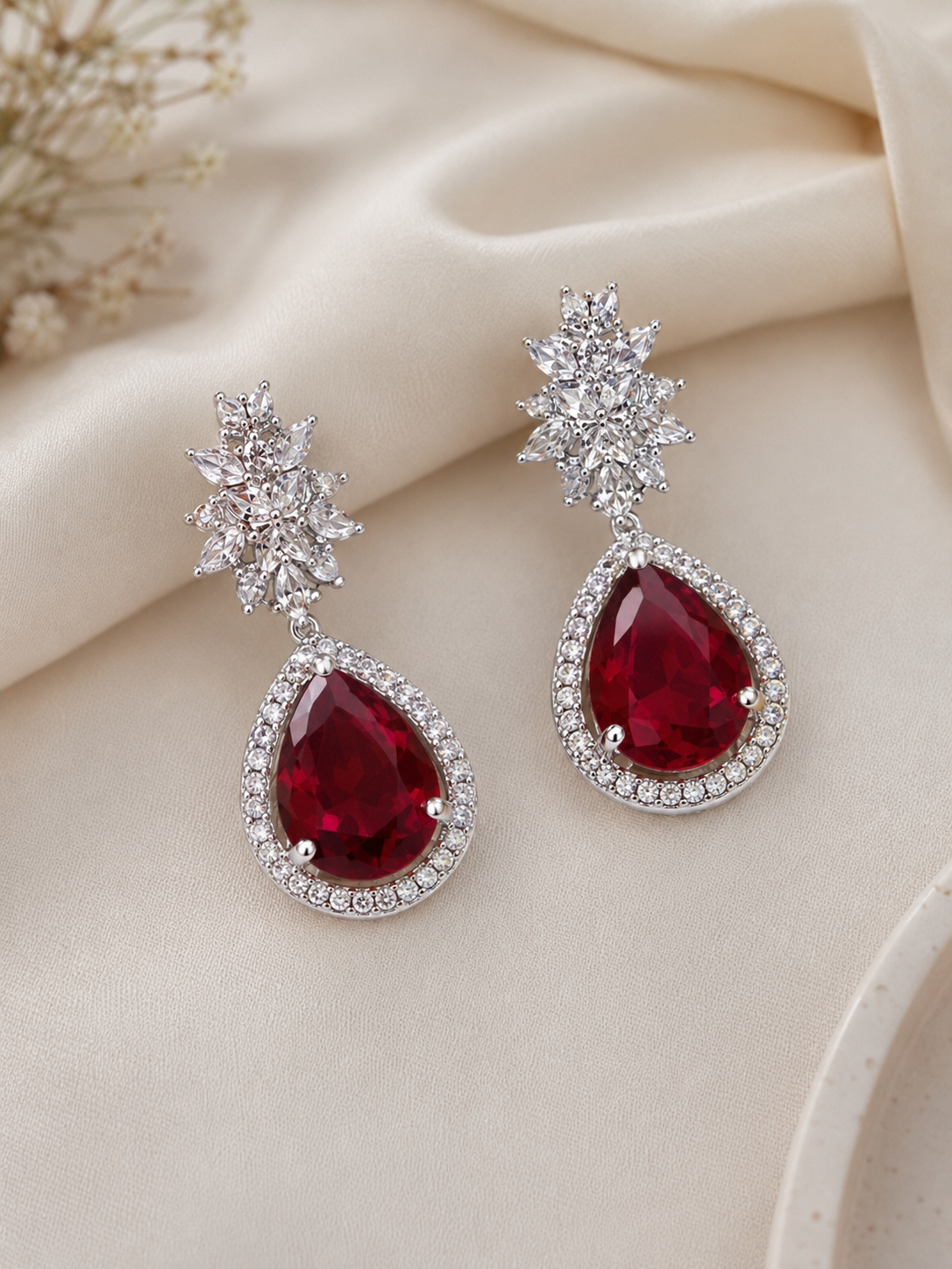 Ruby Radiance Teardrop Earrings – Premium Silver-Plated CZ Statement Earrings