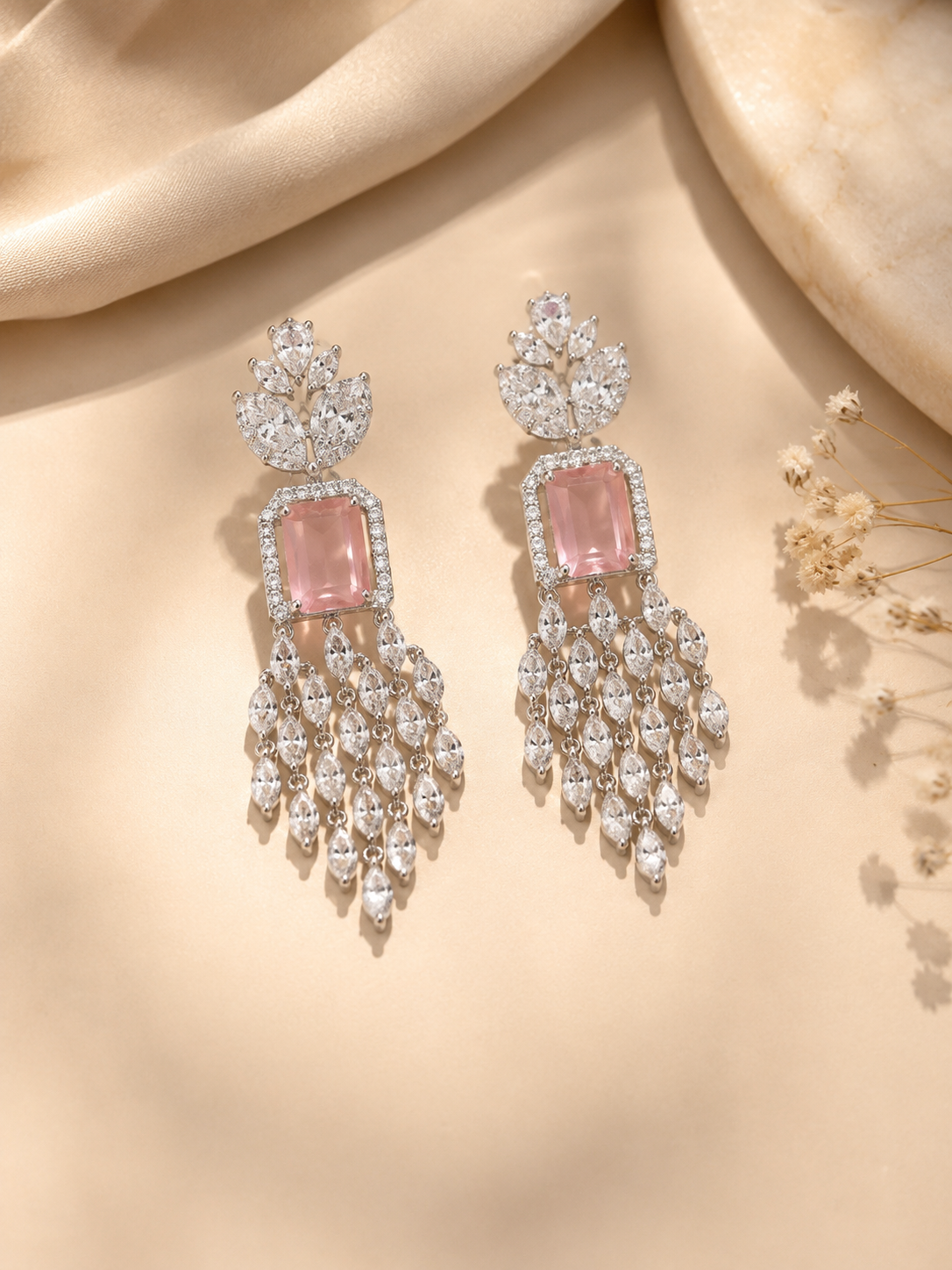 Silver-Tone Pink Crystal Chandelier Earrings | Statement Party & Wedding Earrings
