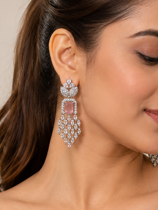 Silver-Tone Pink Crystal Chandelier Earrings | Statement Party & Wedding Earrings