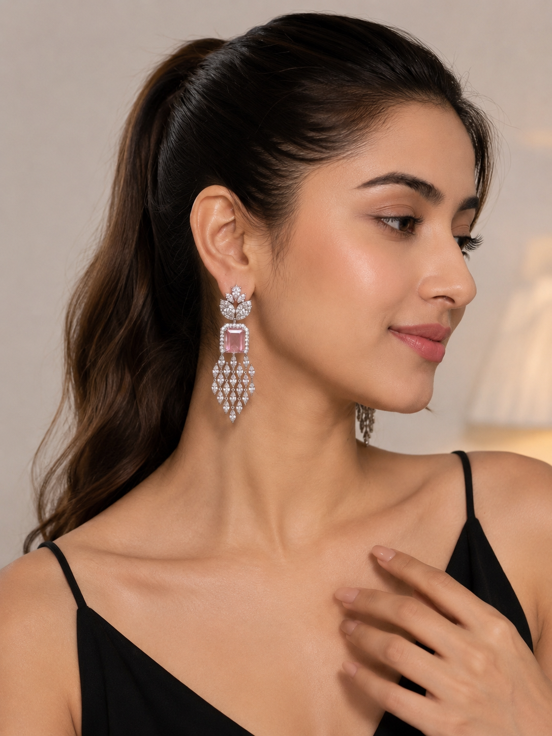 Silver-Tone Pink Crystal Chandelier Earrings | Statement Party & Wedding Earrings