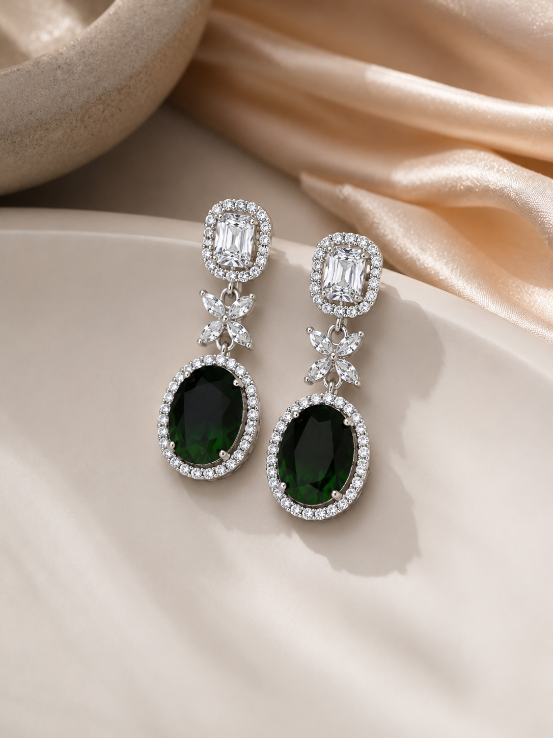 Emerald Green Halo Drop Earrings – Elegant Crystal Statement Earrings