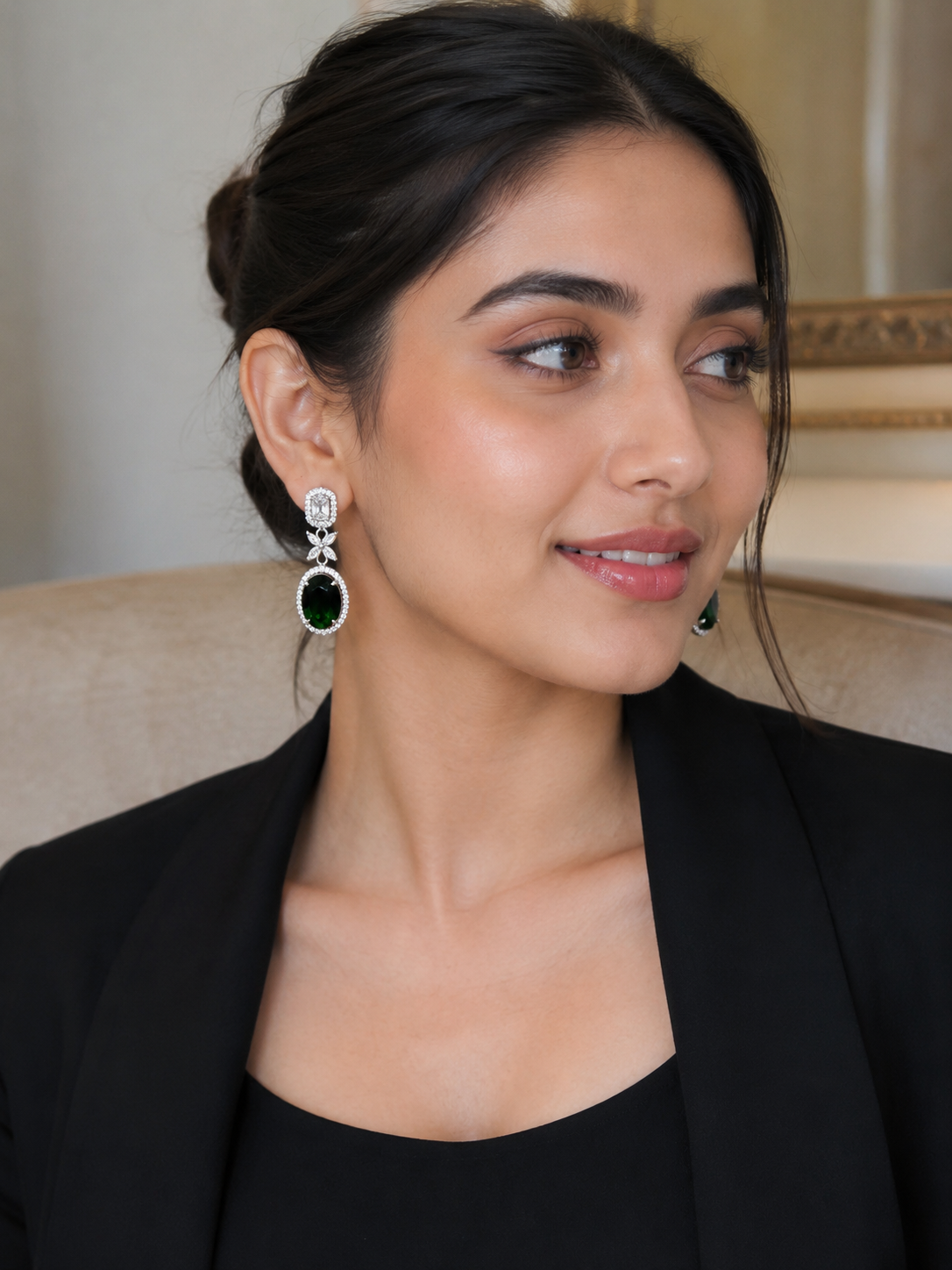 Emerald Green Halo Drop Earrings – Elegant Crystal Statement Earrings