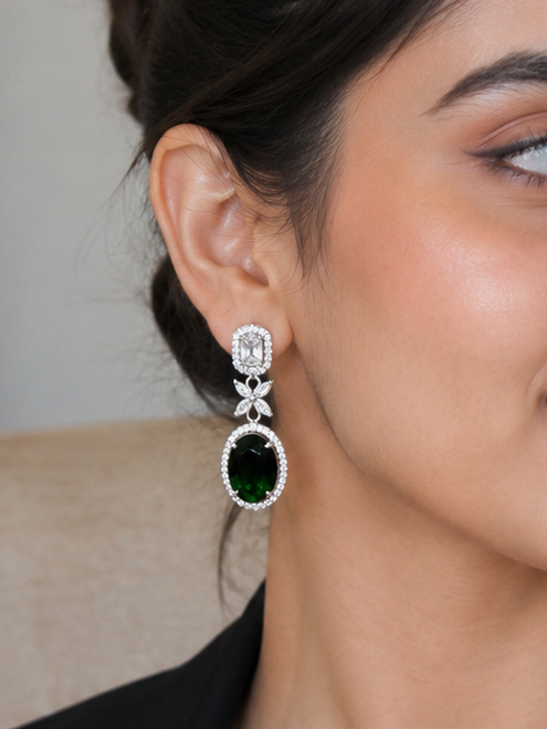 Emerald Green Halo Drop Earrings – Elegant Crystal Statement Earrings