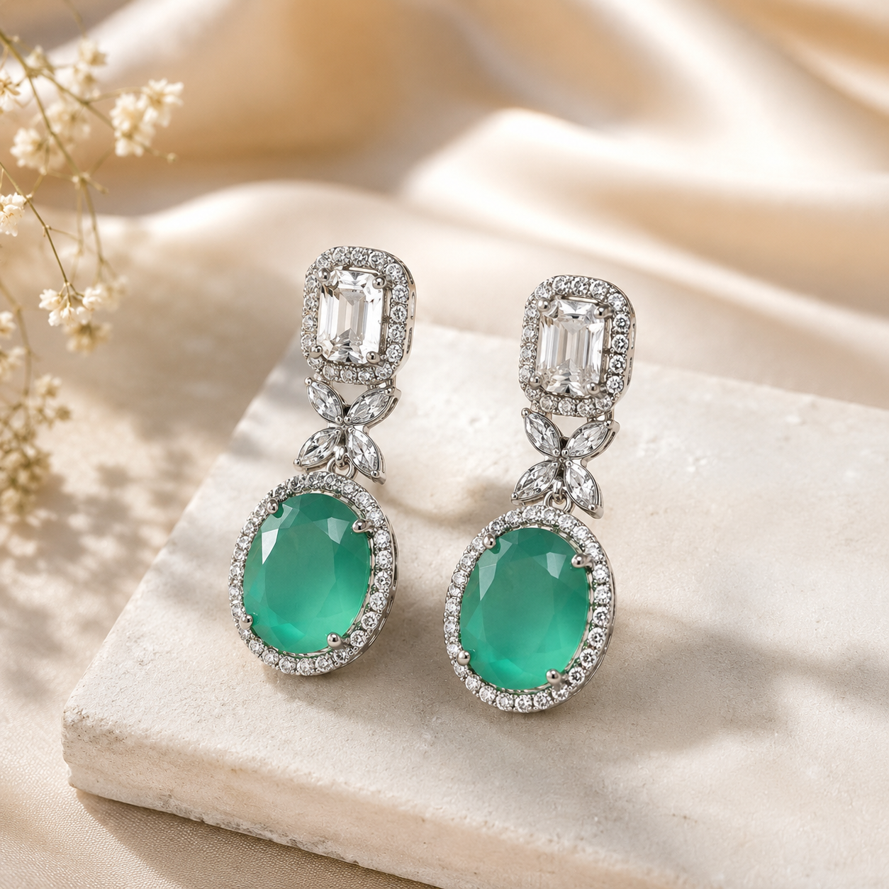 Emerald Luxe Drop Earrings – Premium CZ Statement Earrings for Women