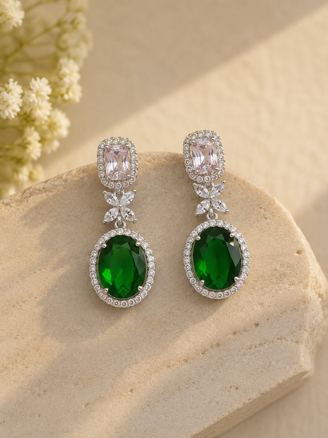 Emerald Halo Drop Earrings – Elegant Statement Crystal Earrings for Women