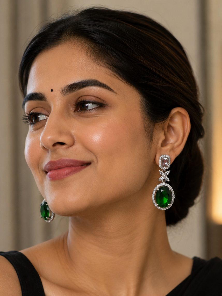 Emerald Halo Drop Earrings – Elegant Statement Crystal Earrings for Women