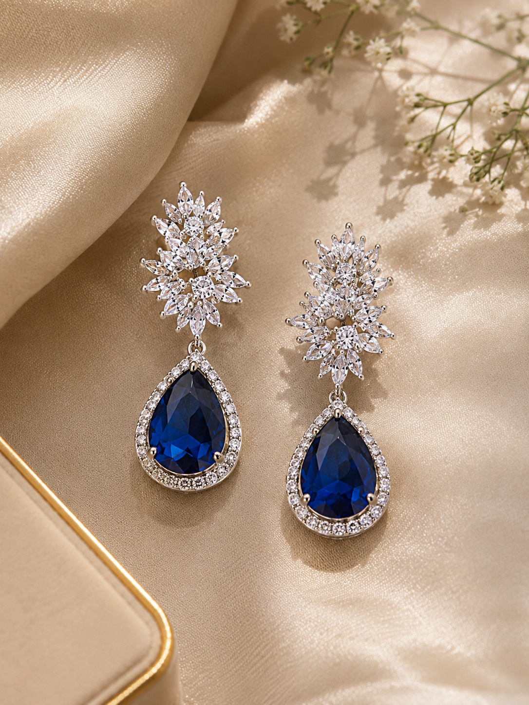 Royal Sapphire Crystal Teardrop Statement Earrings – Silver Plated Party & Wedding Wear