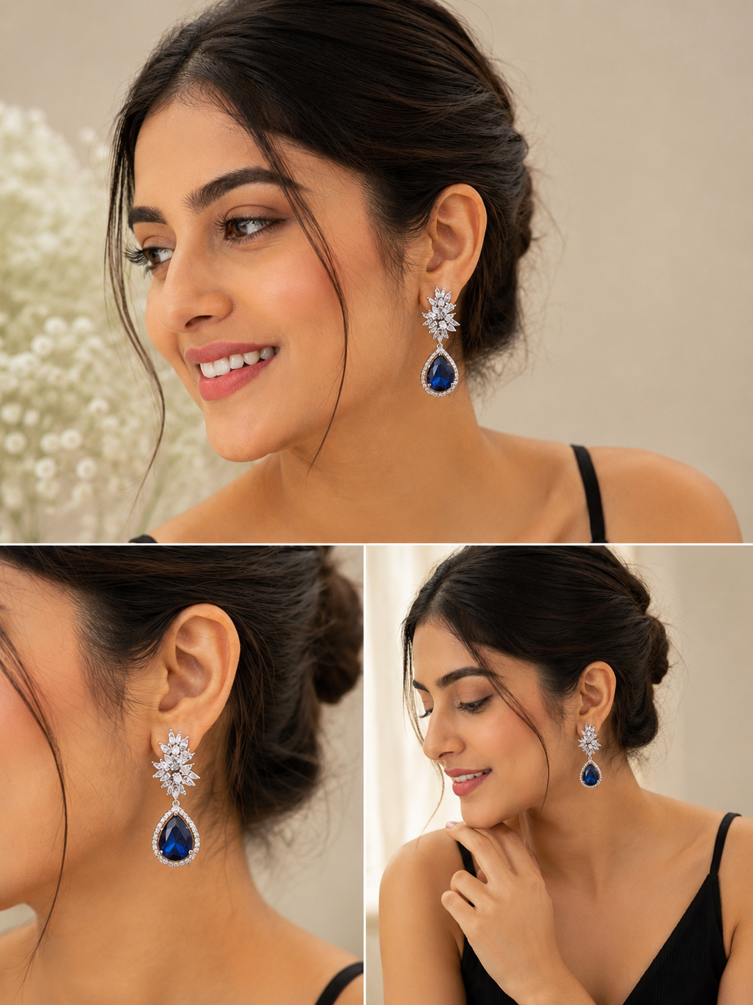 Royal Sapphire Crystal Teardrop Statement Earrings – Silver Plated Party & Wedding Wear