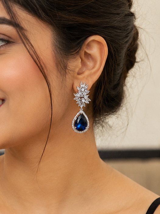 Royal Sapphire Crystal Teardrop Statement Earrings – Silver Plated Party & Wedding Wear