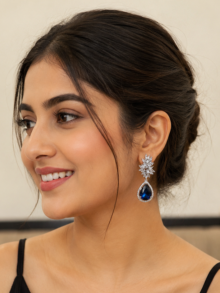 Royal Sapphire Crystal Teardrop Statement Earrings – Silver Plated Party & Wedding Wear
