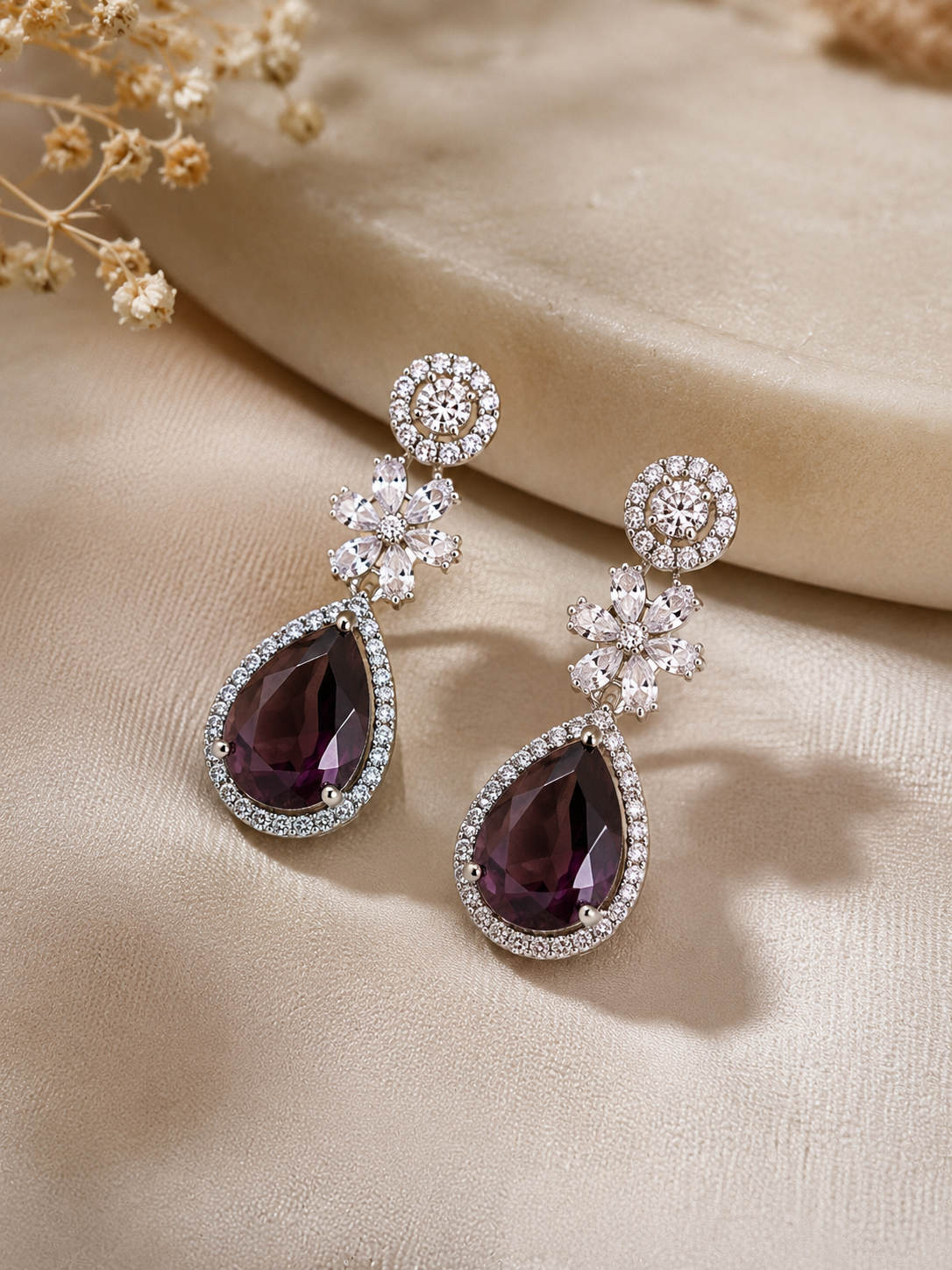 Amethyst Teardrop Crystal Dangle Earrings | Elegant Party & Wedding Statement Earrings