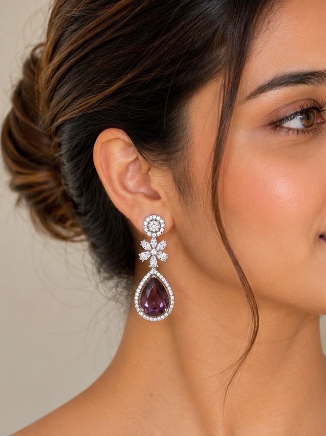 Amethyst Teardrop Crystal Dangle Earrings | Elegant Party & Wedding Statement Earrings