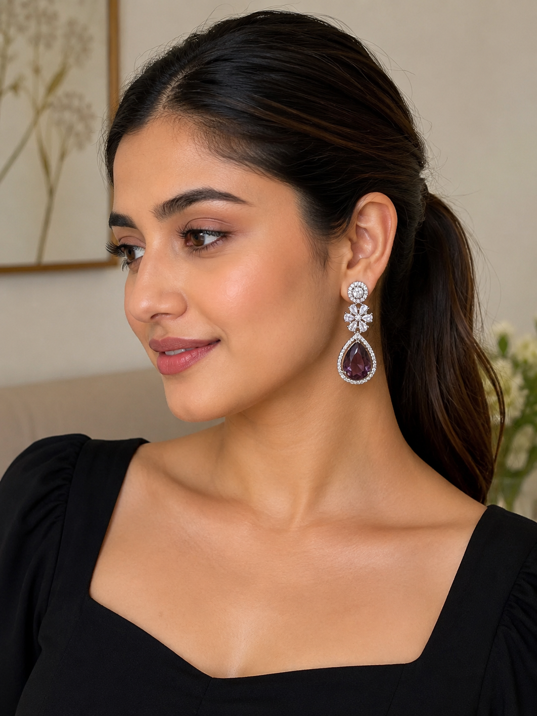 Amethyst Teardrop Crystal Dangle Earrings | Elegant Party & Wedding Statement Earrings