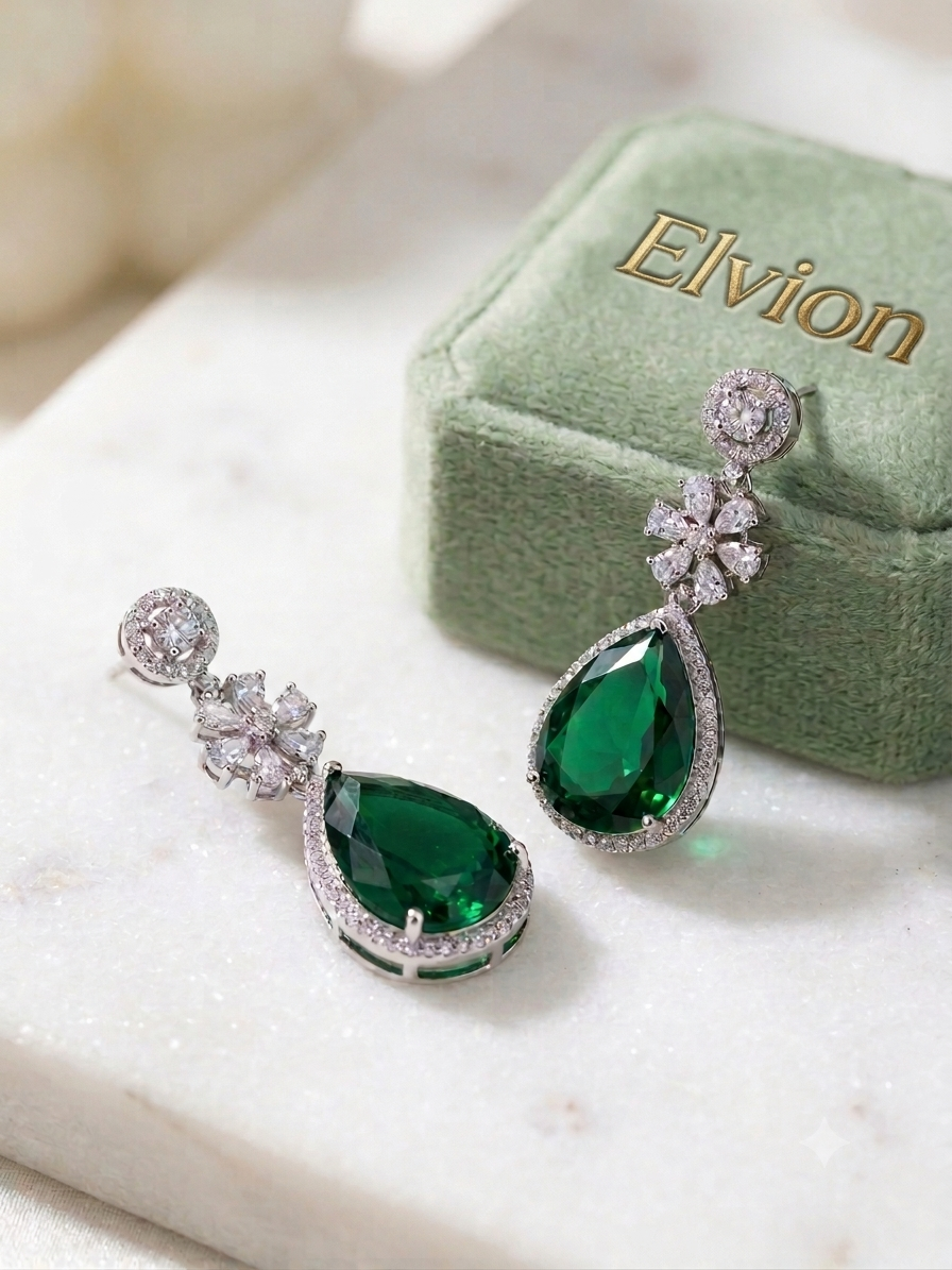 Emerald Green Teardrop Crystal Drop Earrings | Silver-Tone Party & Wedding Earrings
