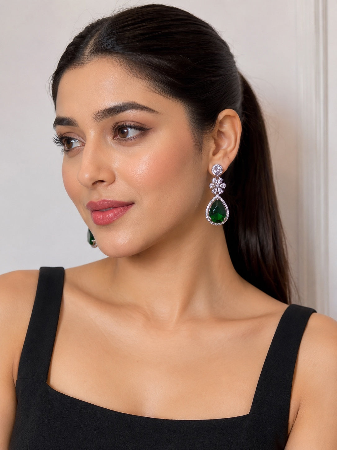 Emerald Green Teardrop Crystal Drop Earrings | Silver-Tone Party & Wedding Earrings