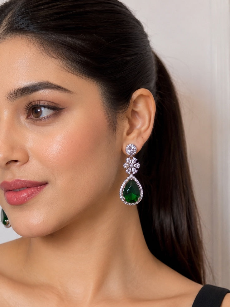 Emerald Green Teardrop Crystal Drop Earrings | Silver-Tone Party & Wedding Earrings
