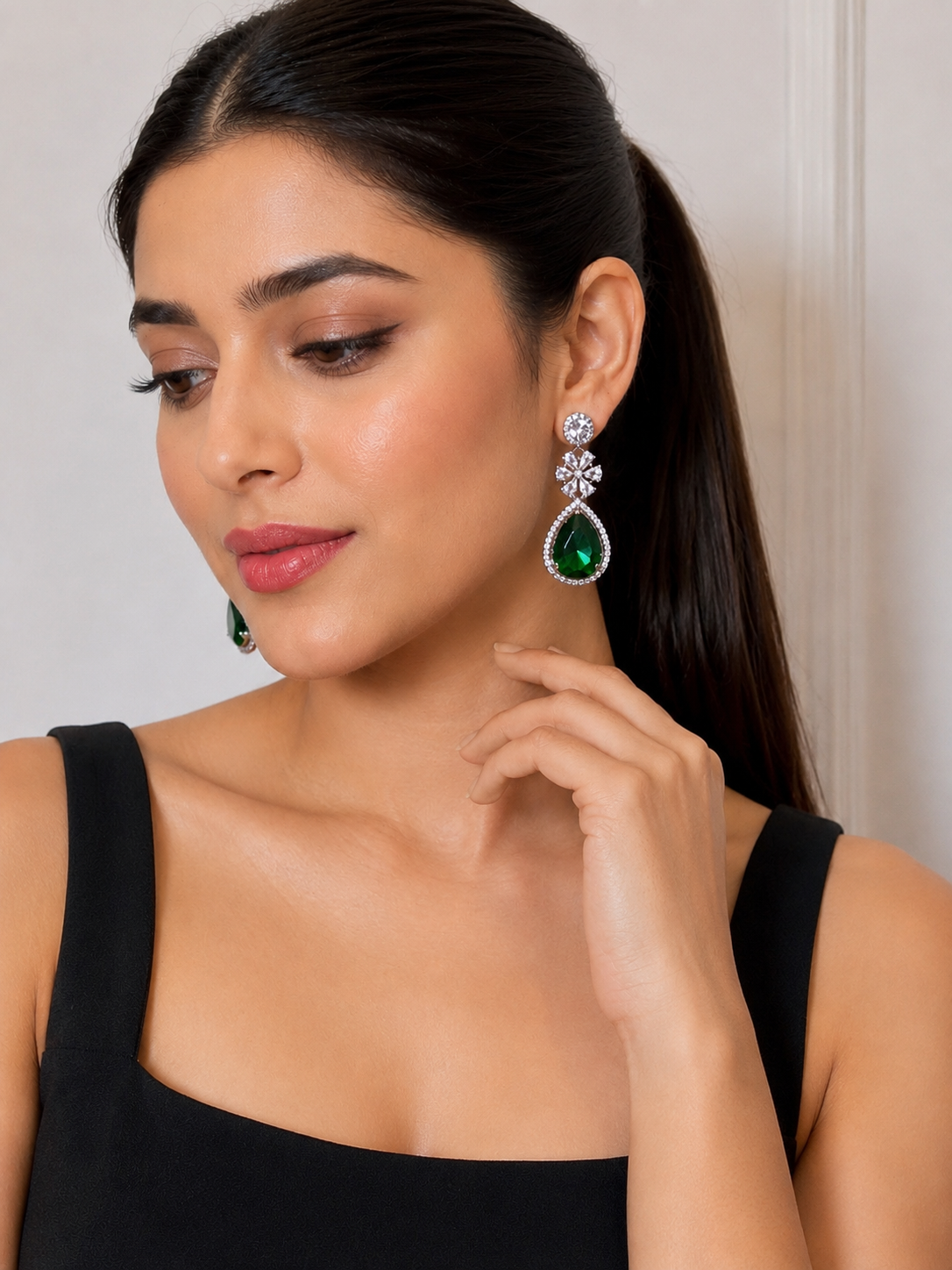 Emerald Green Teardrop Crystal Drop Earrings | Silver-Tone Party & Wedding Earrings