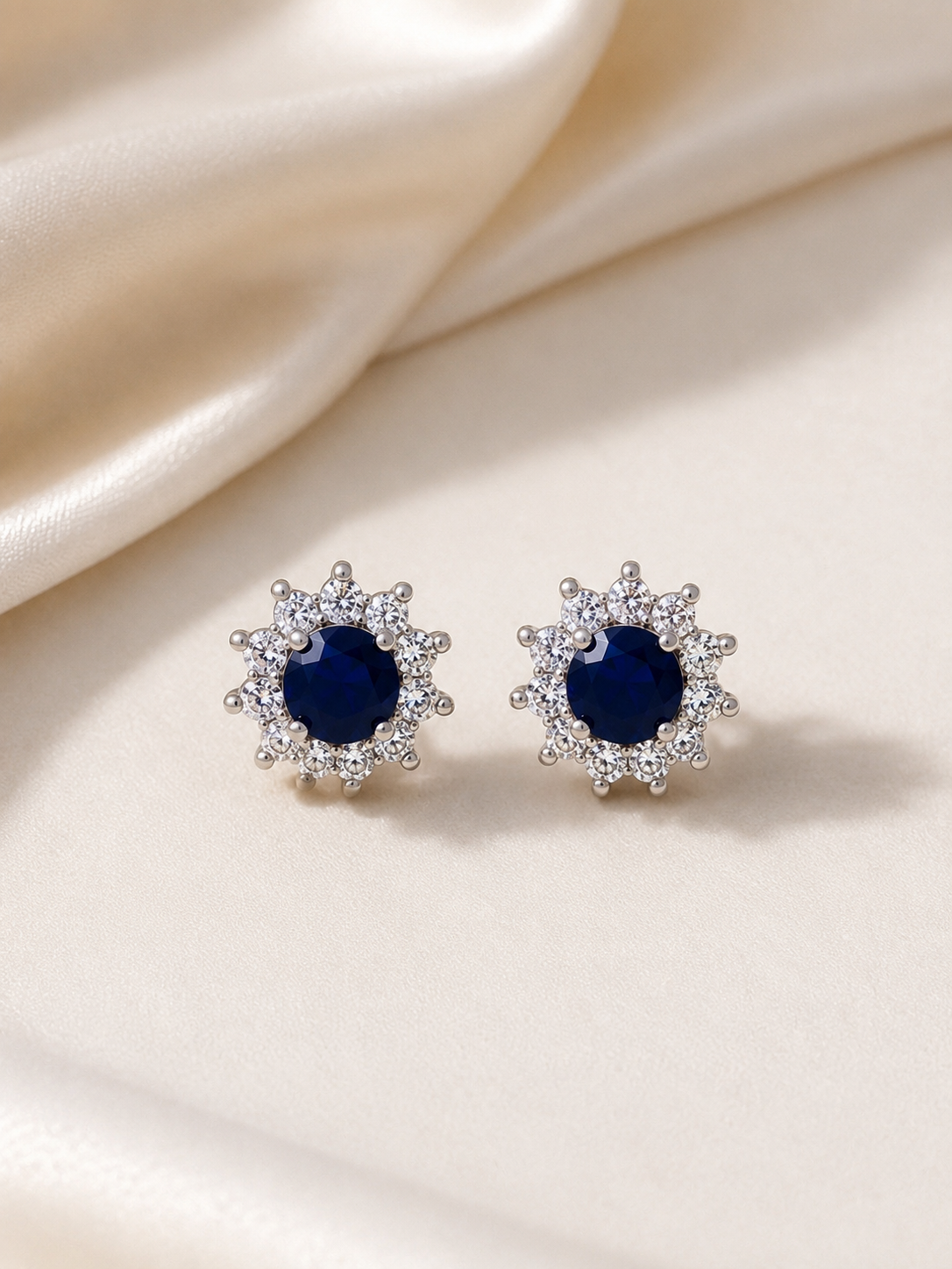 Elvion Royal Sapphire Halo Stud Earrings | Premium Silver-Tone Crystal Earrings