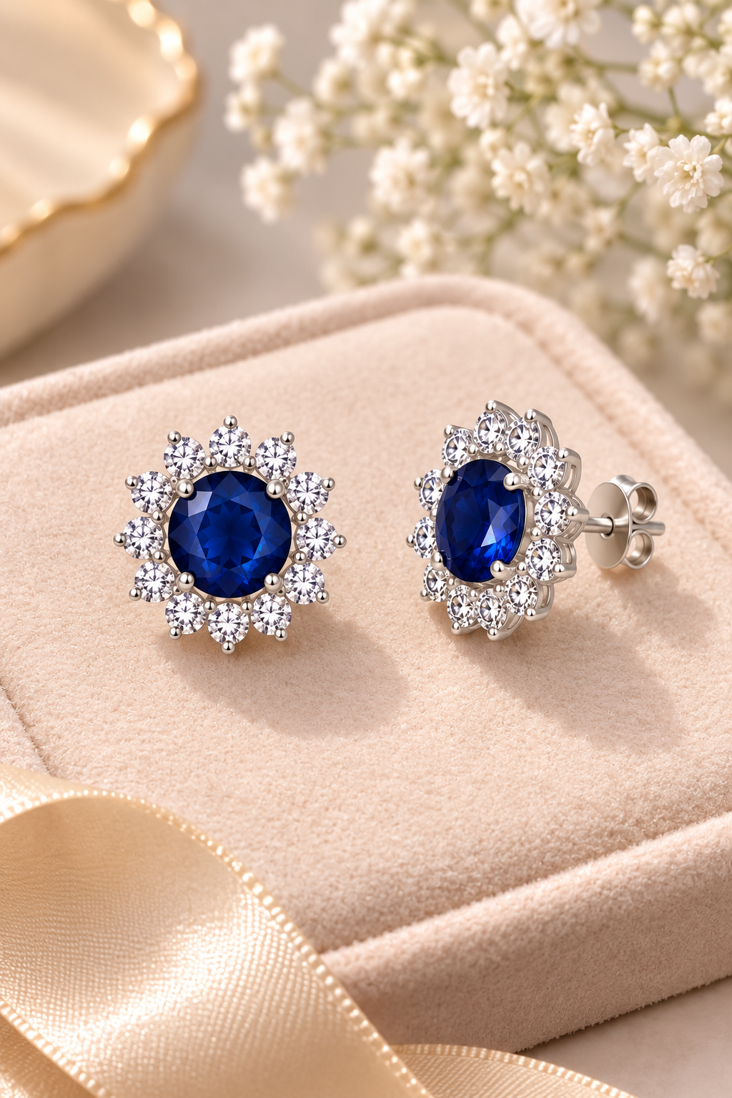 Elvion Royal Sapphire Halo Stud Earrings | Premium Silver-Tone Crystal Earrings