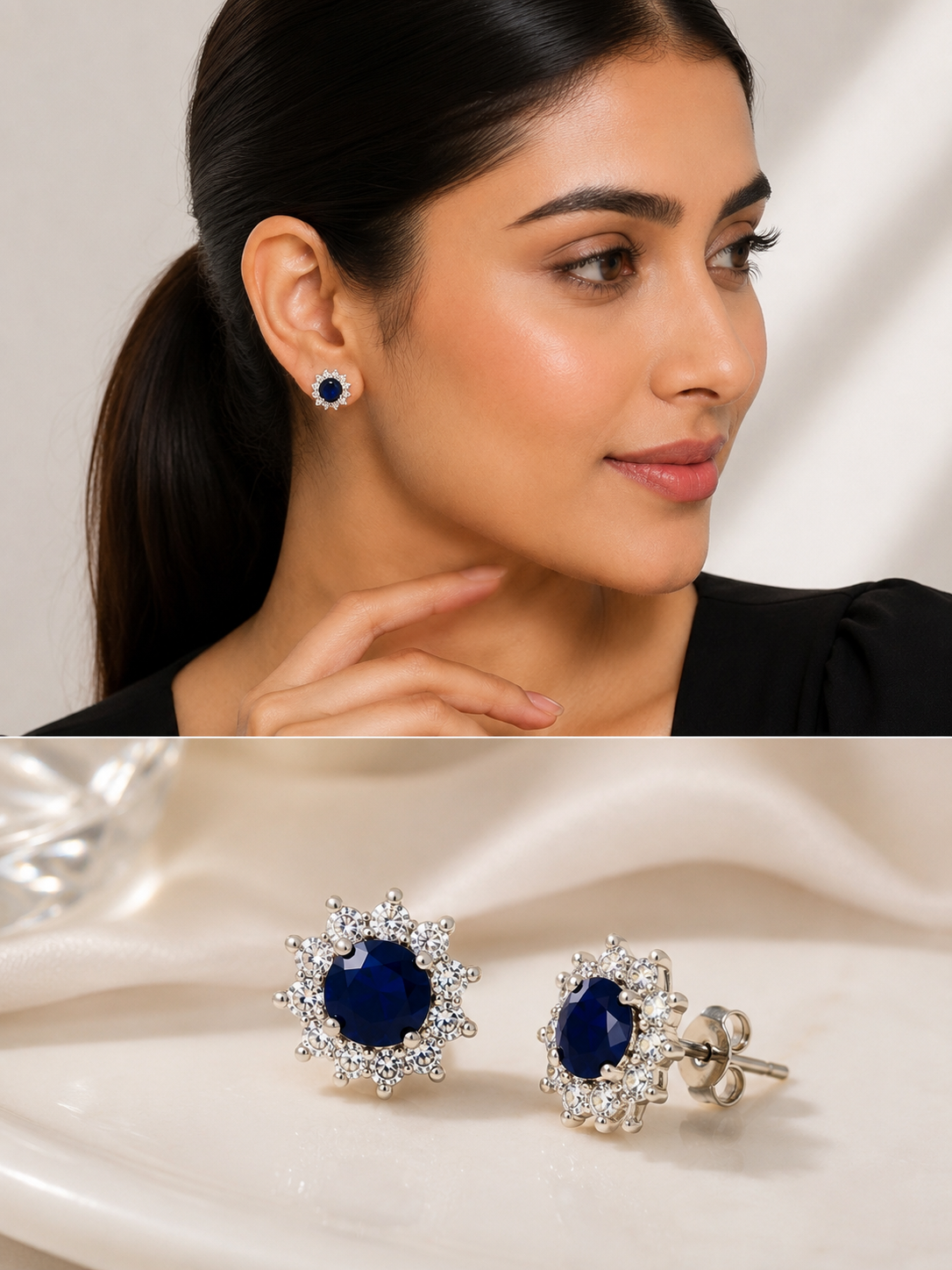Elvion Royal Sapphire Halo Stud Earrings | Premium Silver-Tone Crystal Earrings