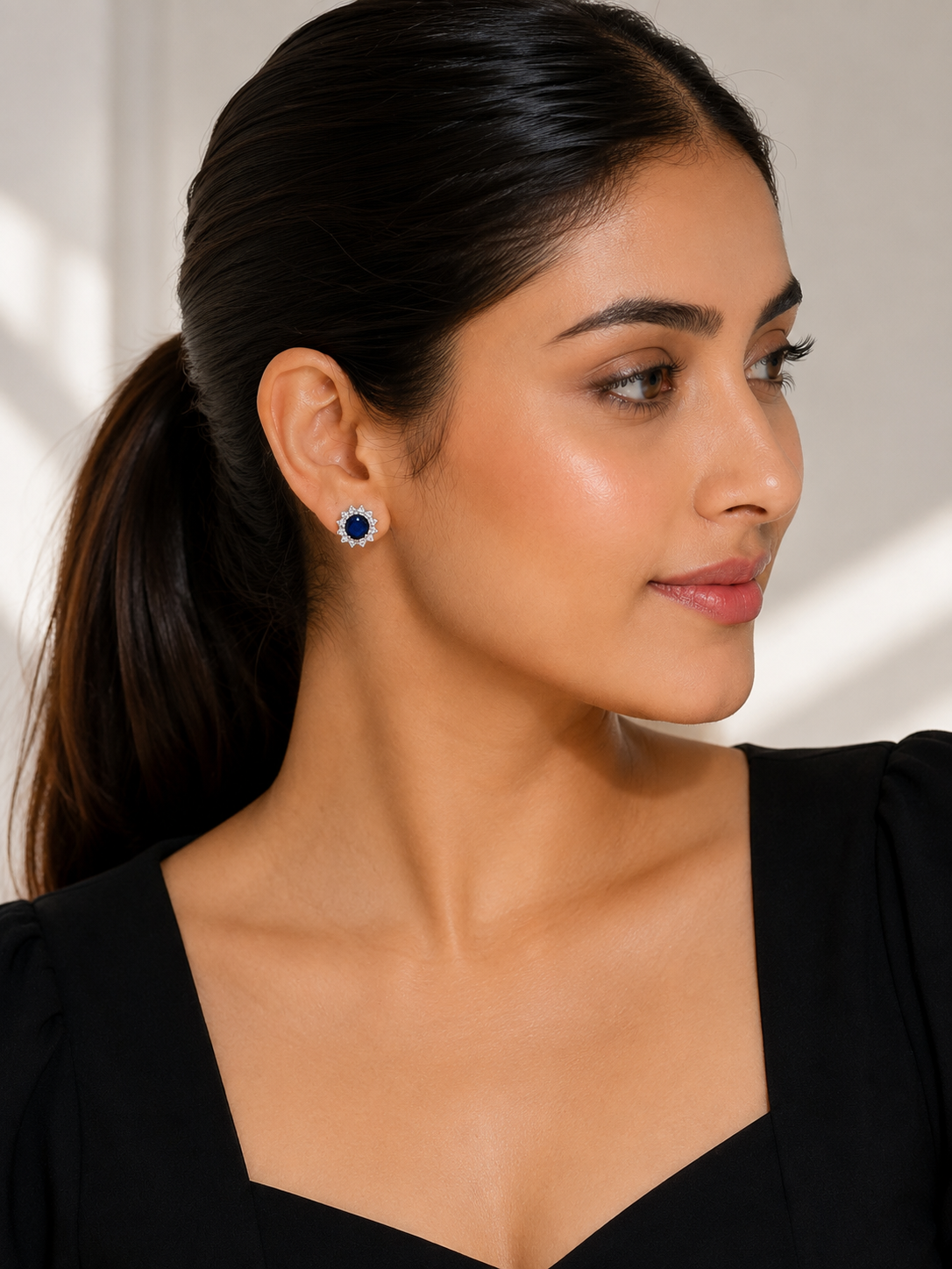 Elvion Royal Sapphire Halo Stud Earrings | Premium Silver-Tone Crystal Earrings