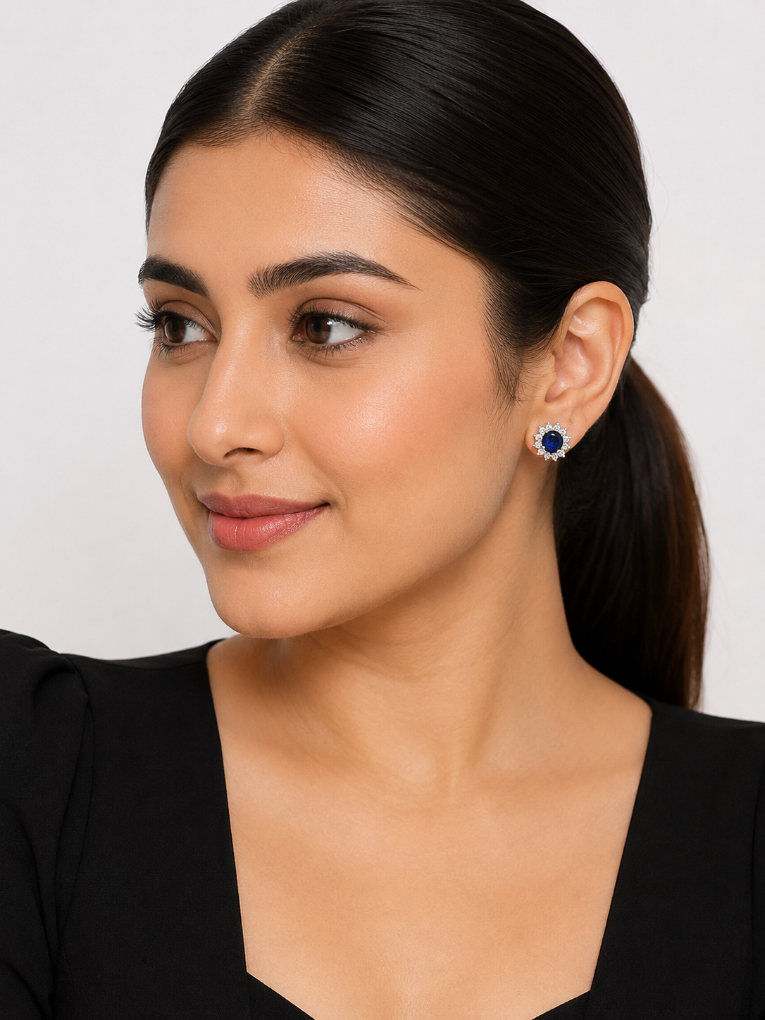 Elvion Royal Sapphire Halo Stud Earrings | Premium Silver-Tone Crystal Earrings