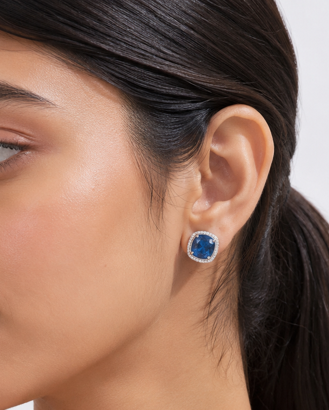 Royal Blue Halo Stud Earrings | Silver-Tone Crystal Everyday Luxury