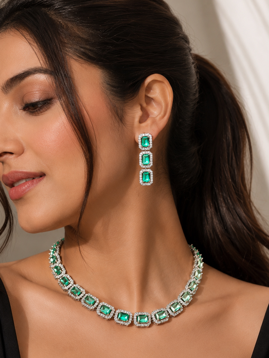 Emerald Radiance Statement Necklace & Drop Earrings Set