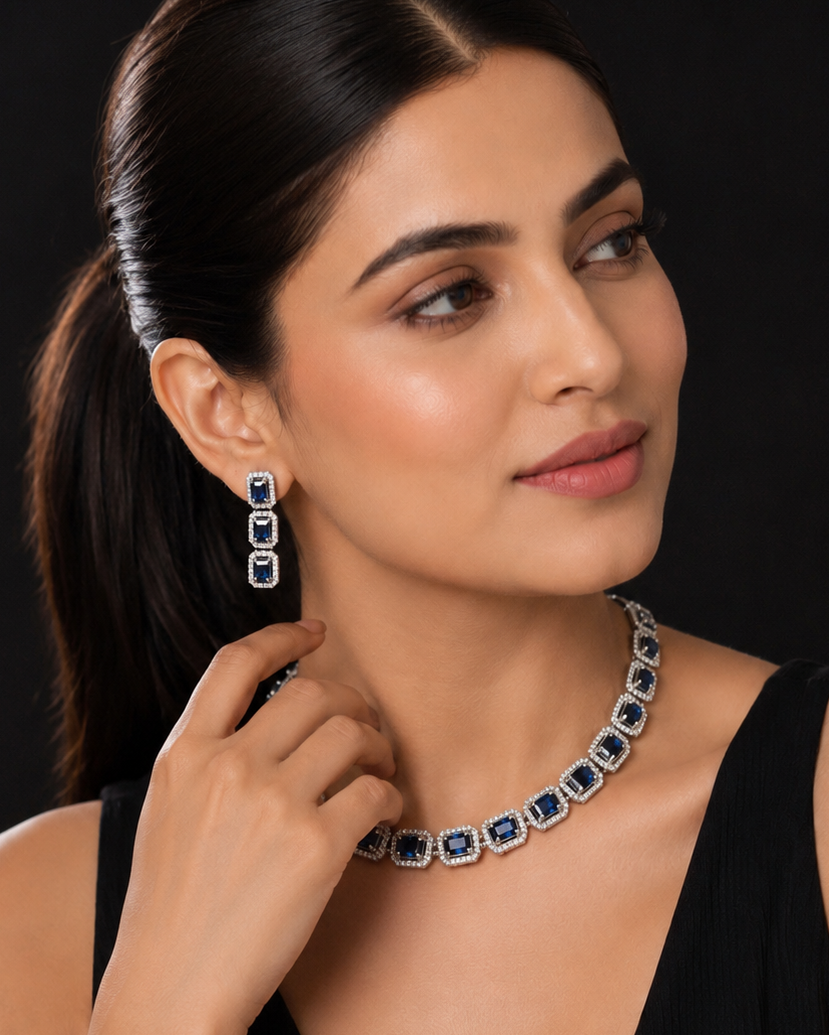 Midnight Sapphire Halo Necklace Set – Premium CZ Statement Jewelry Set