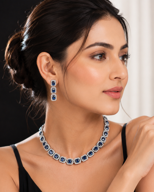 Midnight Sapphire Halo Necklace Set – Premium CZ Statement Jewelry Set