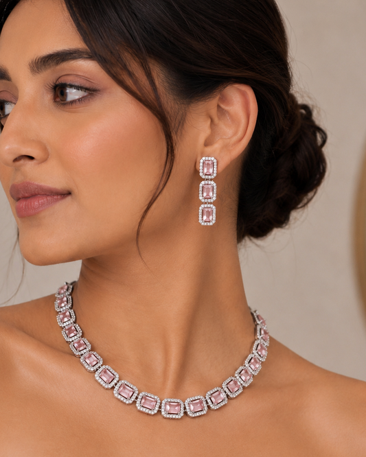 Blush Pink Emerald-Cut Halo Necklace & Drop Earrings Set | Luxury Party Jewelry