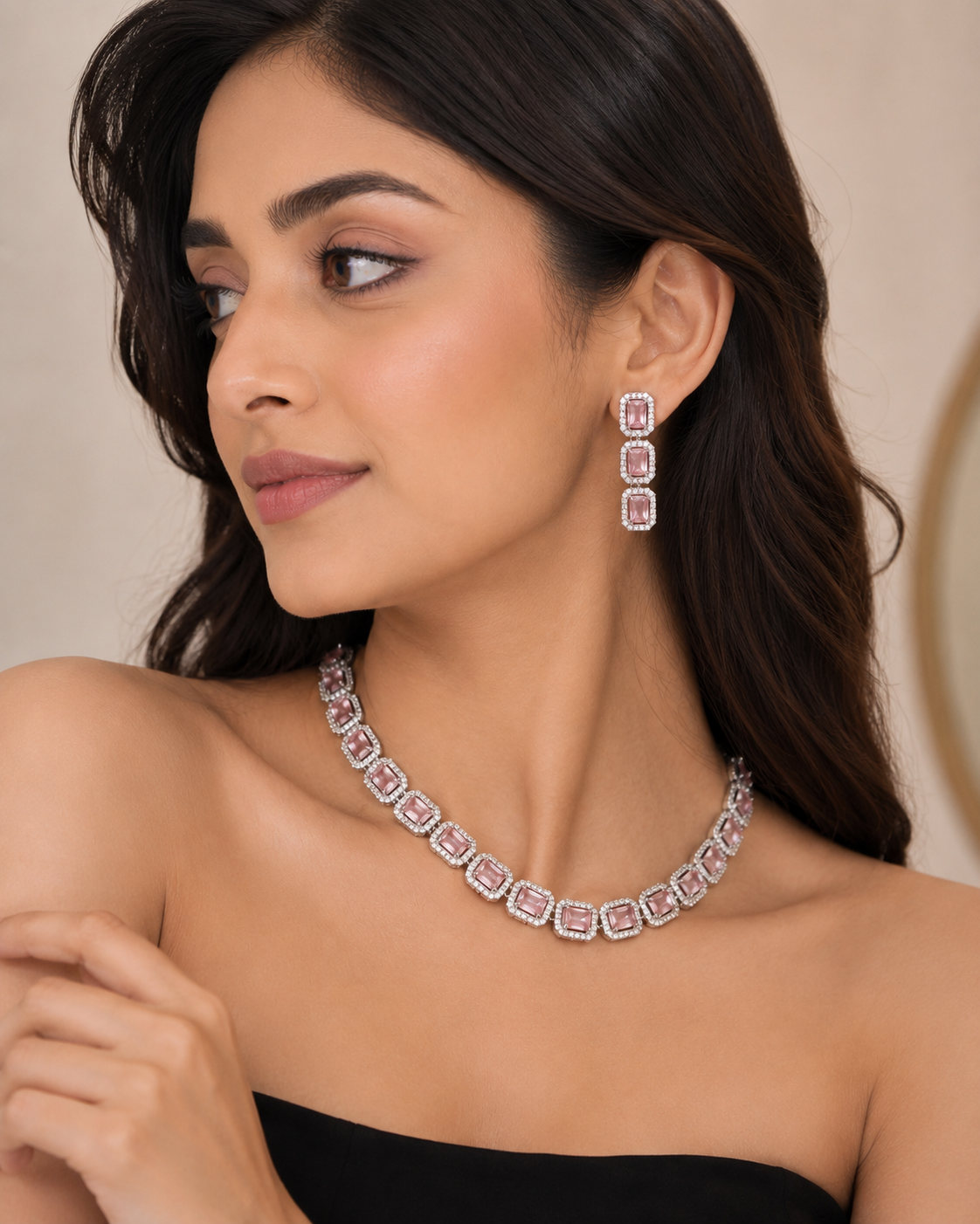 Blush Pink Emerald-Cut Halo Necklace & Drop Earrings Set | Luxury Party Jewelry